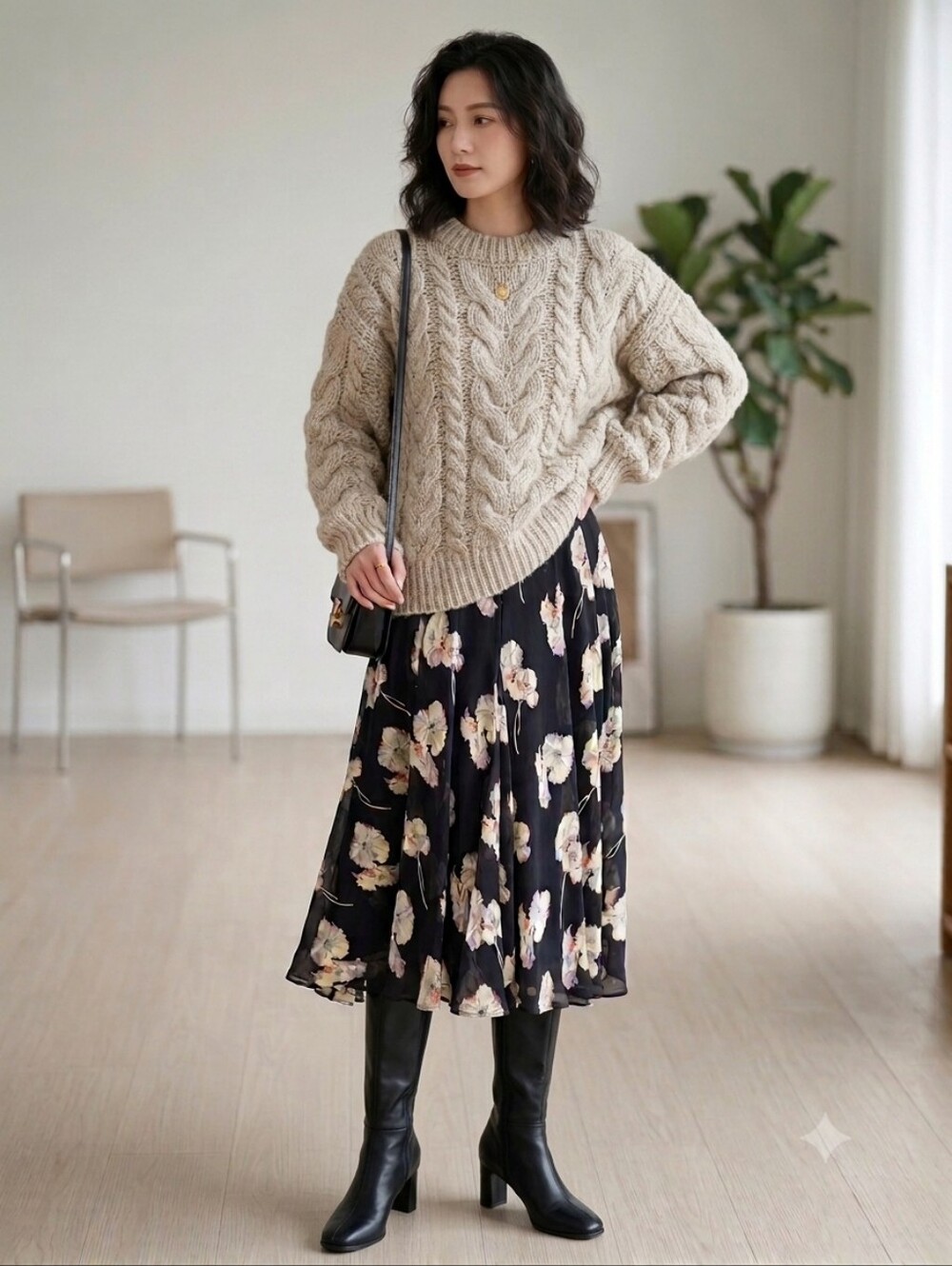 Ann Taylor Black Floral A-Line Midi Skirt